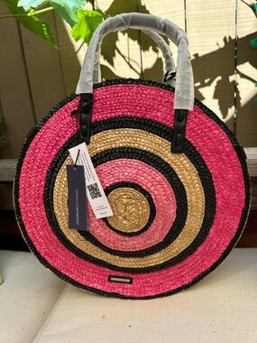 Rebecca Minkoff Pink, Natural & Black Round Straw Tote